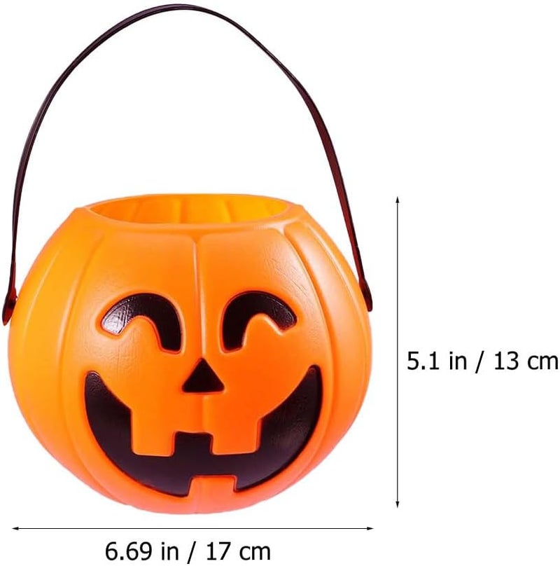 Halloween Pumpkin Bucket Set Of 4 Orange Trick Or Treat Candy Holders With Handle 17cm - Image 1